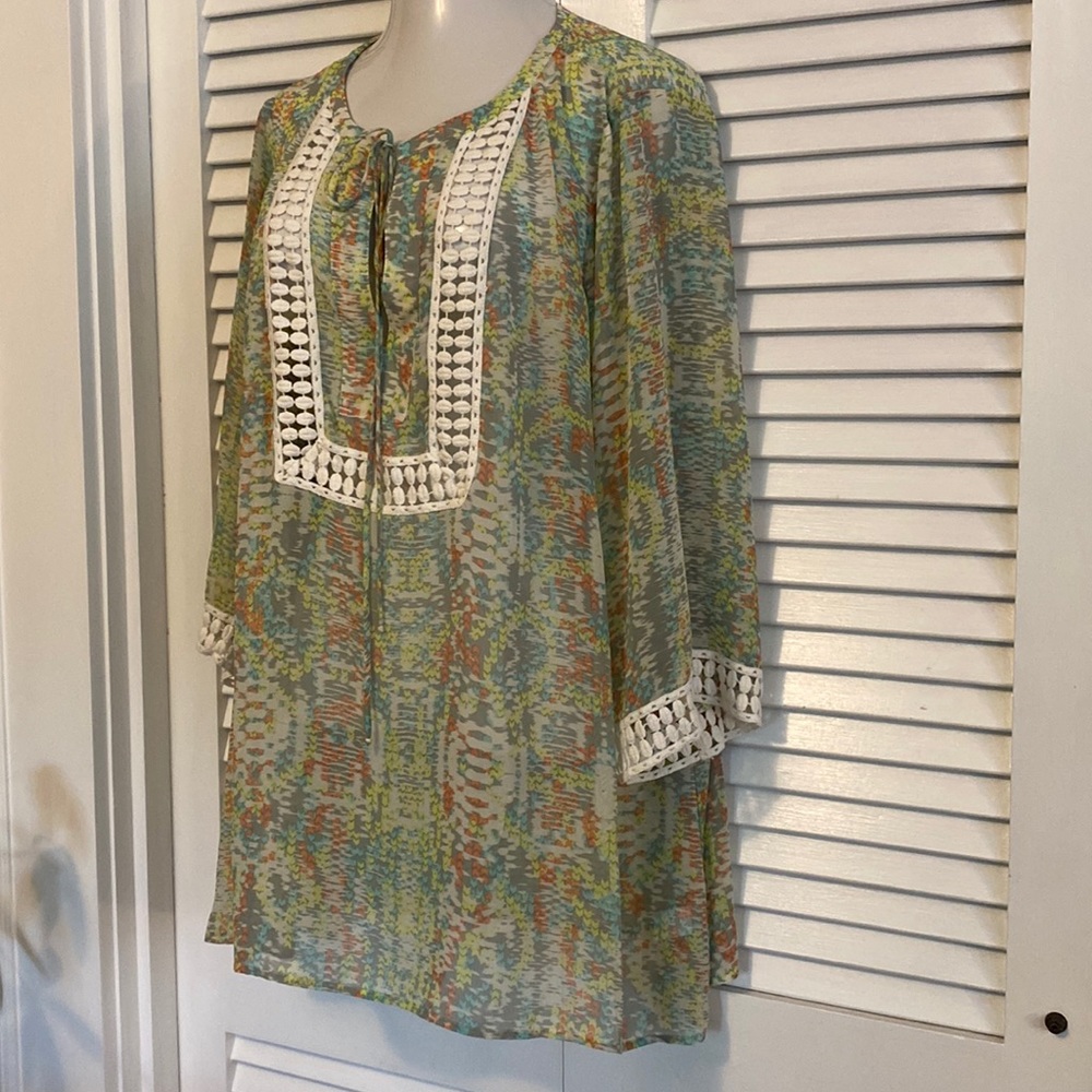 Daniel Rainn sheer pastel wide sleeve long tunic top crochet 2X